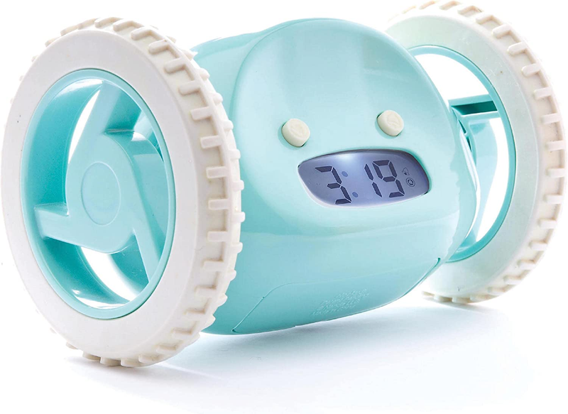 Light blue Alarm Clock on Wheels for Heavy Sleeper. Clock that runs away (free s