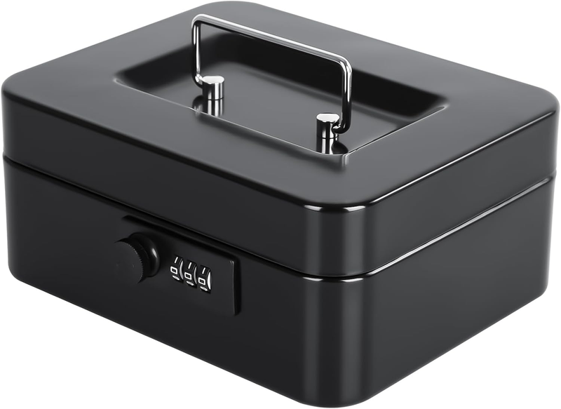 Cash Box Combination Lock Metal Money Box w/ Tray Safe Box Black
