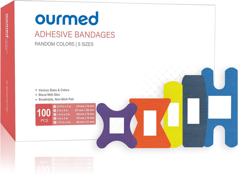 Ourmed Flexible Fabric Bandages with Non-Stick Pad, Latex Free, Rainbow Colors A