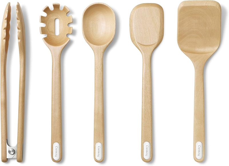 Wooden Utensil Set - 5 Piece Cooking Utensil Set - Spoon, Server, Scraper, Spatula, & Tongs - Made from Fsc-Certified Birch Wood - No Microplastics
