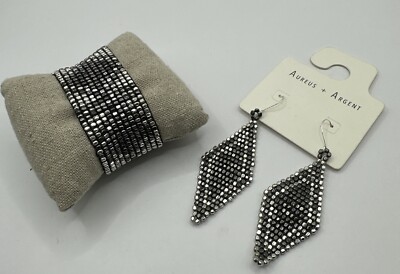 Aureus + Argent Silver Metallic Beaded Stretch Bracelet Matching Earrings NWT