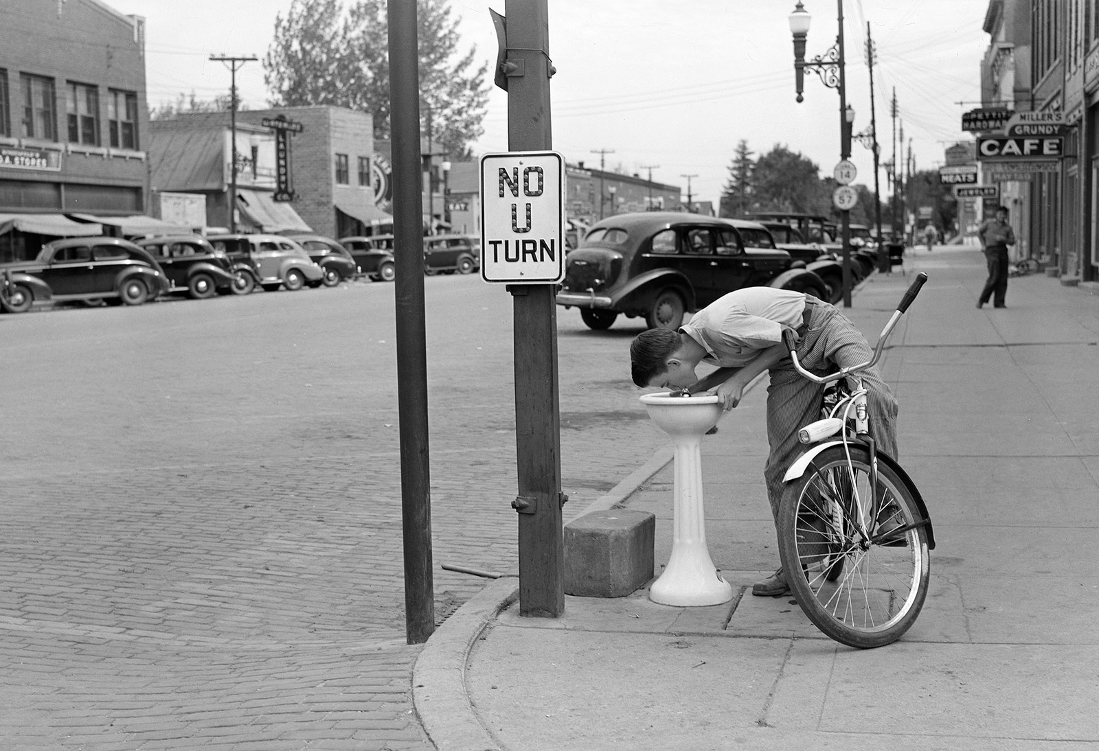 1939 Boy Drinking From a Fountain, Grundy Center, IA Old Photo 13" x 19" Reprint