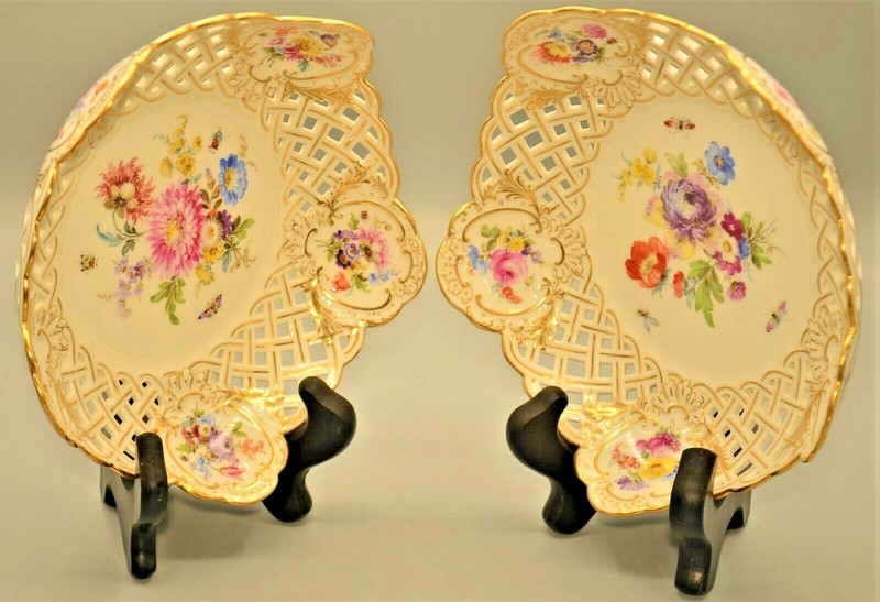 MEISSEN Antique Original Hand Painted Floral Reticulated Compote Plate Bowl