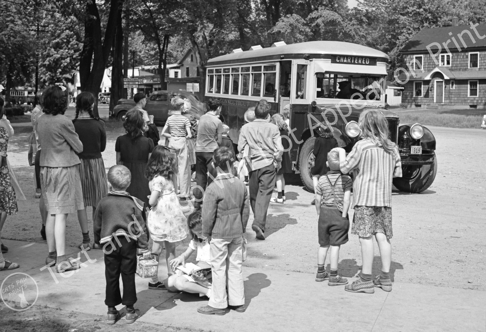 1942 Children Boarding a Bus, Southington, CT Old Photo 13" x 19" Reprint
