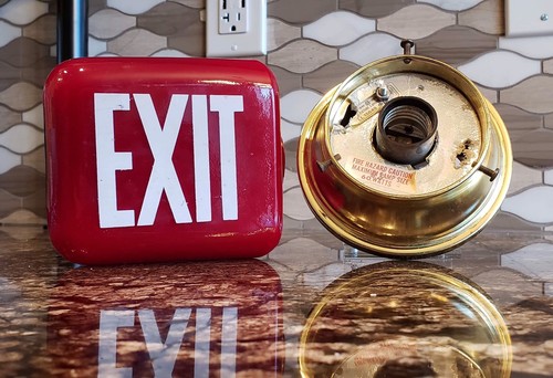 Antique Milk Glass Wedge Exit Sign 2 Sided Globe Vintage Red Working Condition