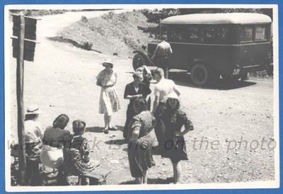 Soviet people at the bus stop Old bus Vintage photo