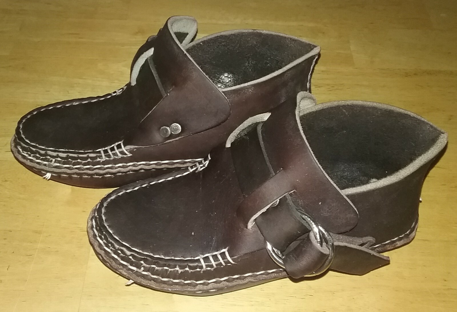 Pre-owned Moccasin Arrow  Women's Double Sole Ring Boot Sz 5.5 Hand Sewn Chrome Leather In Brown