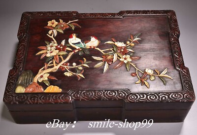 11.8"Old Dynasty Huanghua Pear Wood Painting Carved Flower Bird Pattern Box Case