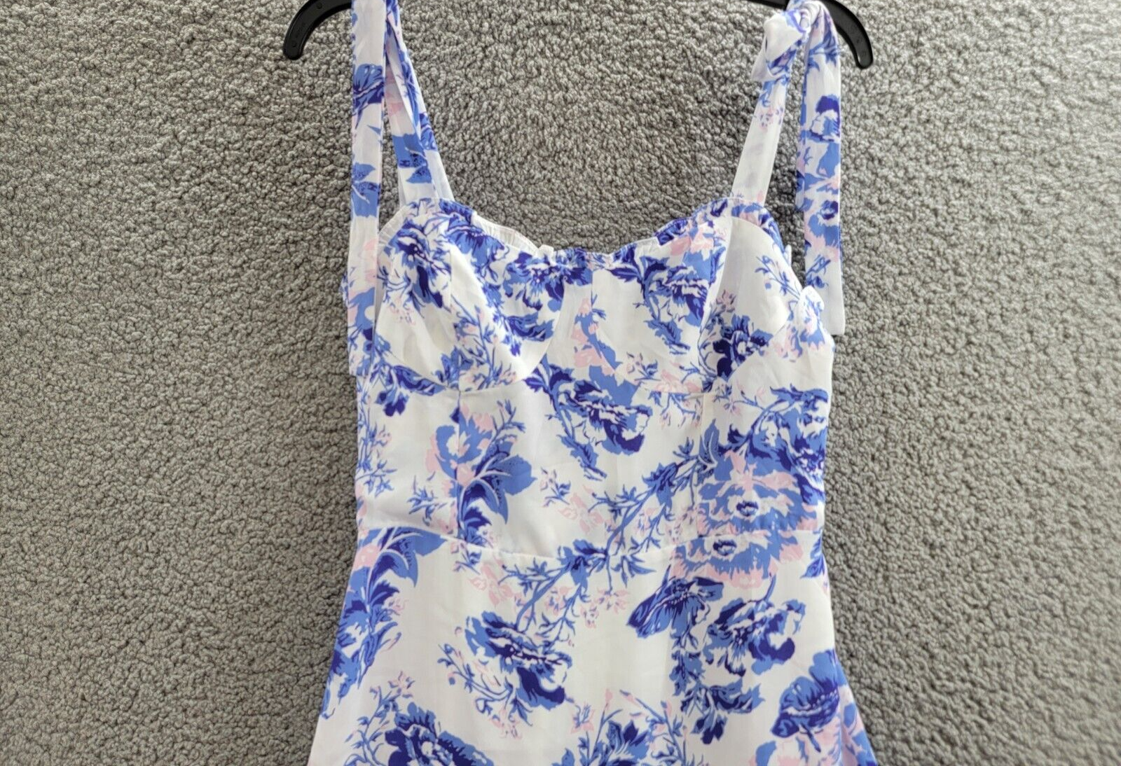 AQUA Floral Ruffle Dress Women's S Sky Blue Sweetheart Neck Shoulder Tie Closure - Picture 3 of 15