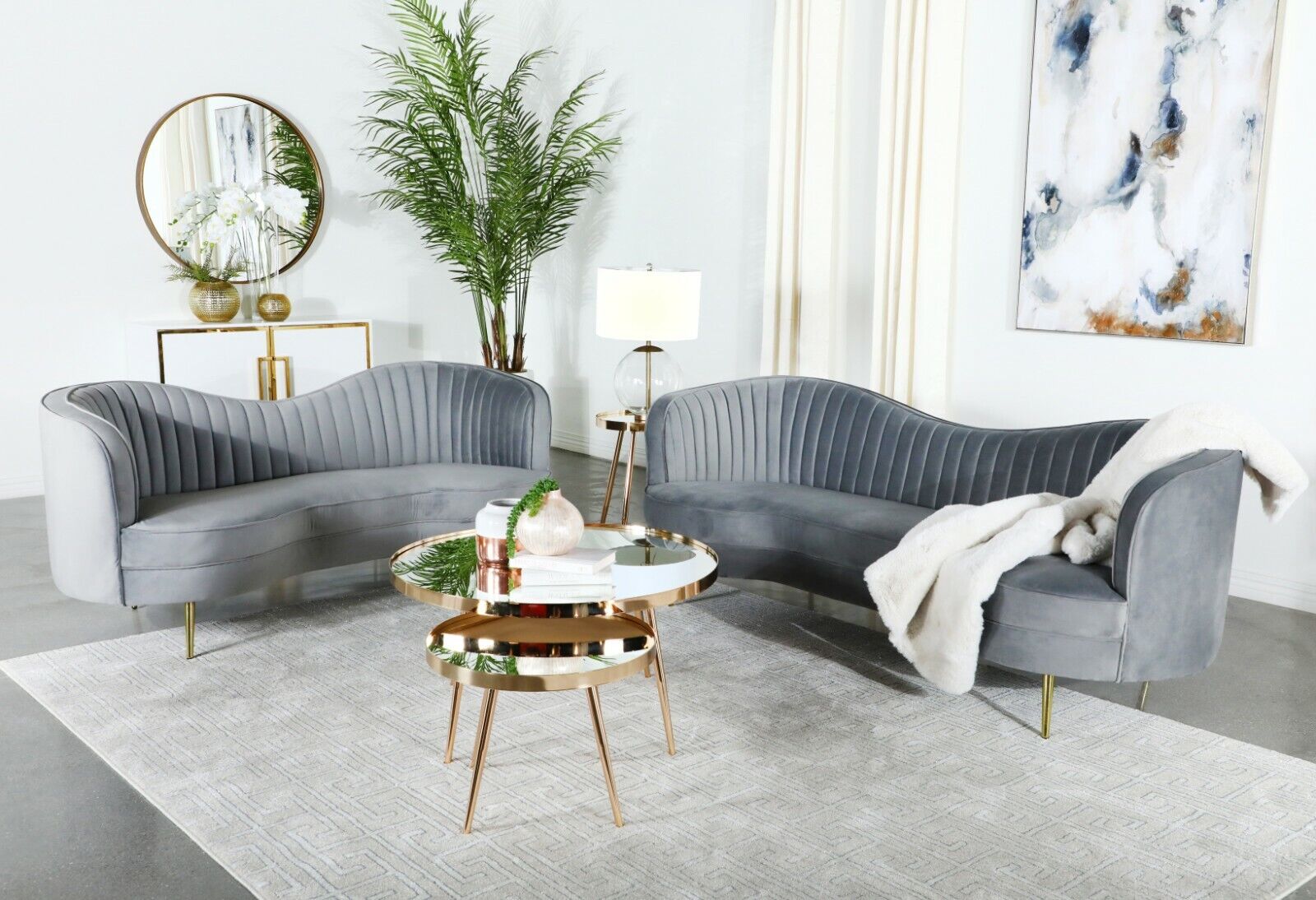 Sophia 2pc Art Deco Curved Sofa Set Couch Loveseat Gray Sophia 2pc Art Deco Curved Sofa Set Couch Loveseat Gray