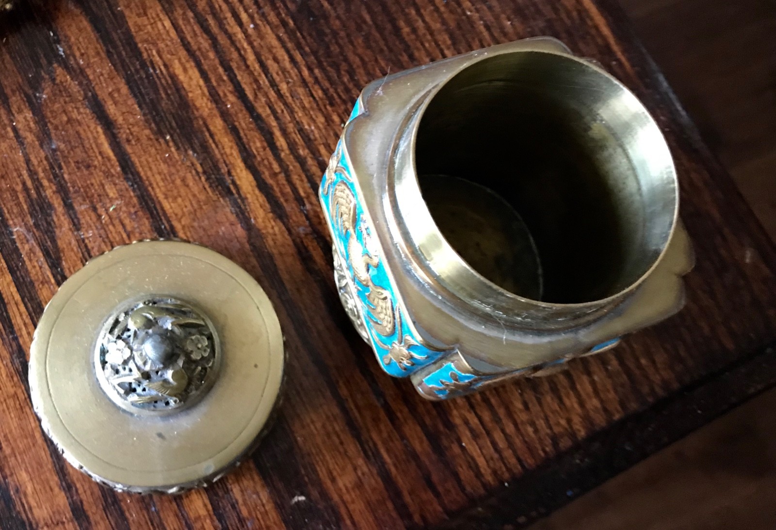 Antique Chinese Cloisonne and Brass Cranes Tea Caddy Jar