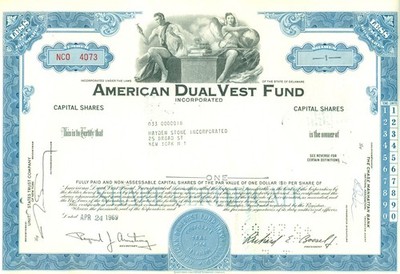 United States 1969 Stock Certificate  American Dual Vest Fund  1 Share
