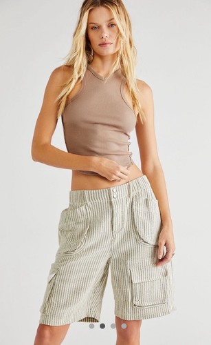 Free People Cayman Cargo Shorts Pockets Slouchy Railroad Blue White Stripe S NWT