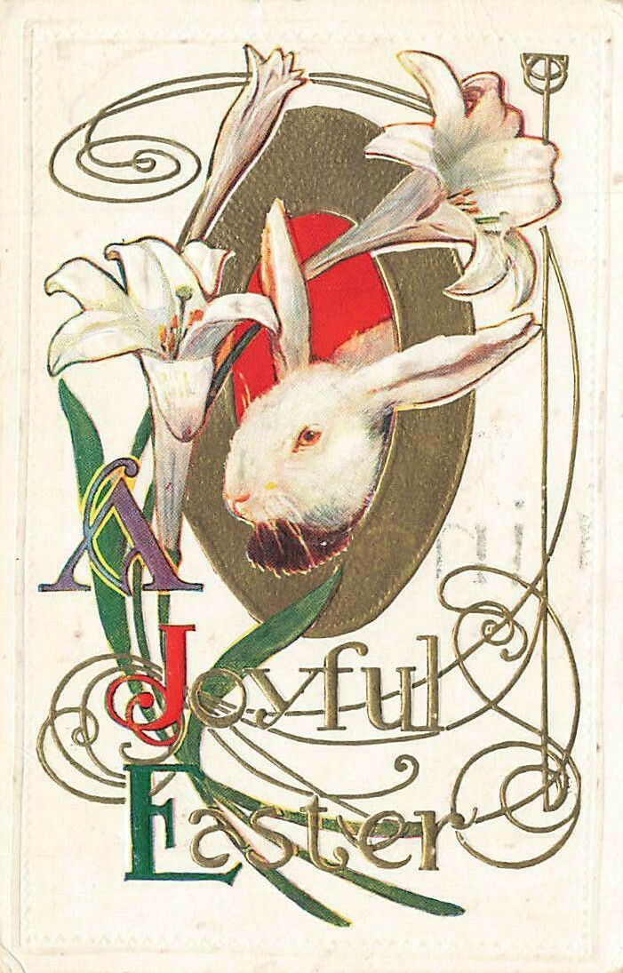 c1910 Fantasy Rabbit Profile Inside Gilt Egg Lily Art