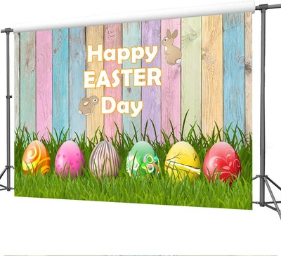 Happy Easter Day Backdrop Colorful Eggs Wood Board Green Grass Rabbit Party D...