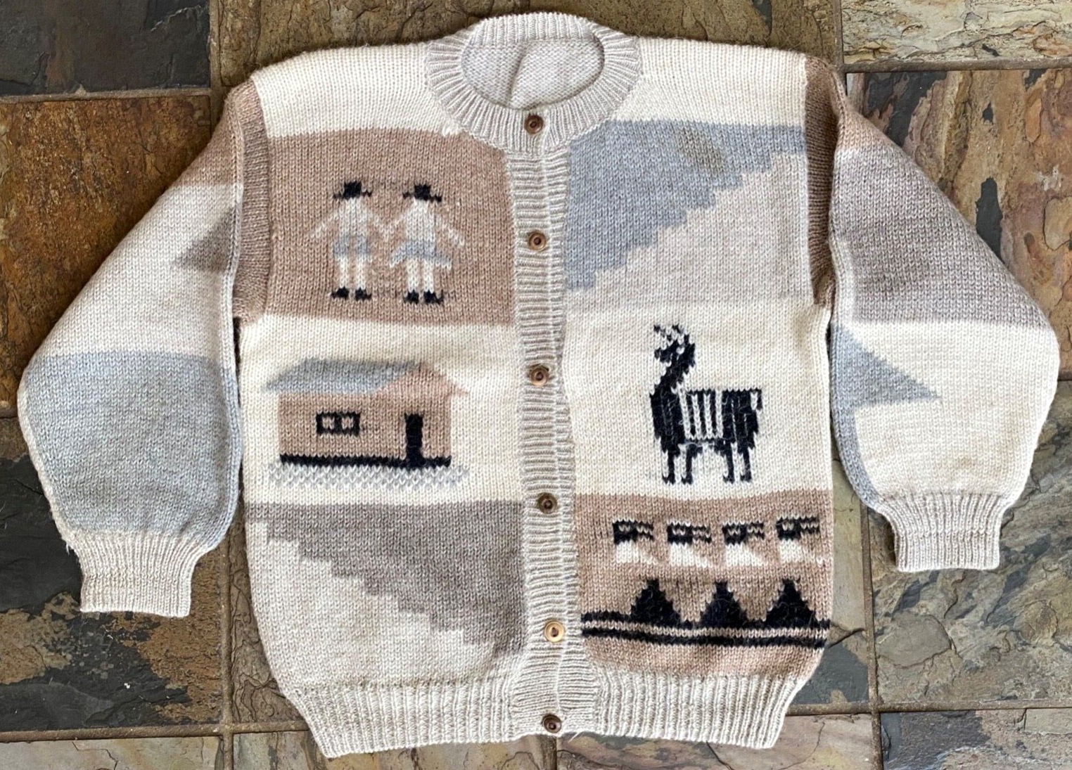 Alpaca Knit Gray Tan Cardigan-Wood Buttons-Geometric-Vintage