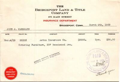 Bridgeport Land & Title Co Bridgeport CT 1929 Billhead