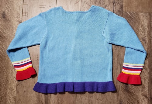 Hanna Andersson Girls 130 Sweater Cardigan Blue Flowers Hearts Rainbow Sleeves