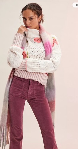Free People Inge Pullover Cute Romantic Rose Printed Fuzzy Sweater L $248
