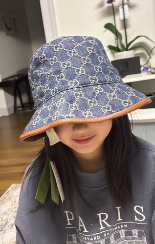 【美品】GUCCI・デニムハット×レザー・ROENJOY・グレー・サイズL 美品】GUCCI・デニムハット×レザー・ROENJOY・グレー・サイズL