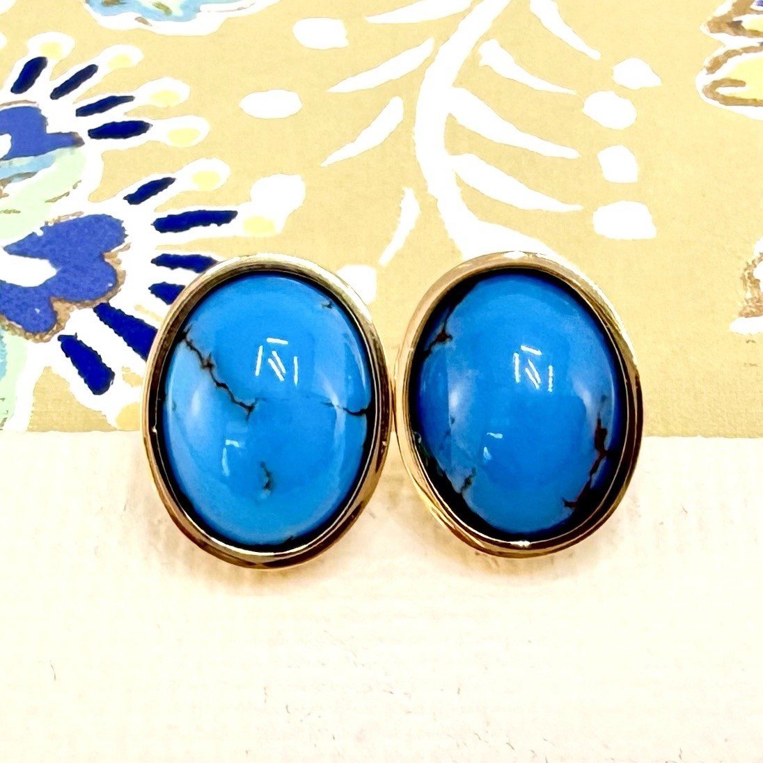 14k Yellow Gold Egyptian Turquoise Custom Made Stud Earrings, New Pair #3 - Picture 1 of 9