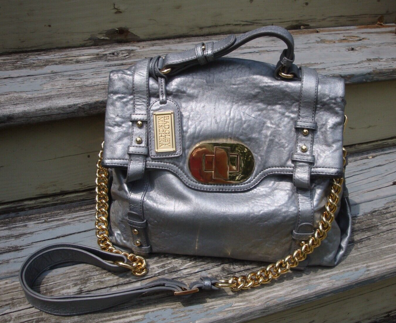 BADGLEY MISCHKA Silver Metallic Leather Large Tote Handbag Chain Shoulder Hobo