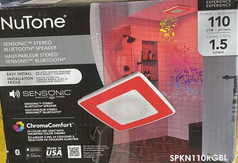 NuTone ChromaComfort 110 CFM Exhaust Fan Bluetooth Speaker LED Light SPKN110GBL
