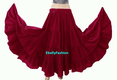 Hot Pink Women Cotton Gypsy 4 Tiered 12 Yard Skirt Belly Dance Flamenco Tribal