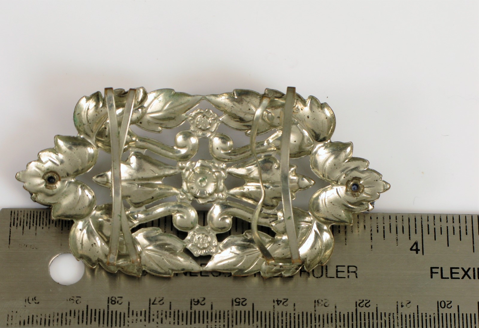 ANTIQUE ART NOUVEAU SILVER PLATED BRASS BELT BUCKLE BLUE RHINESTONES ORNATE !