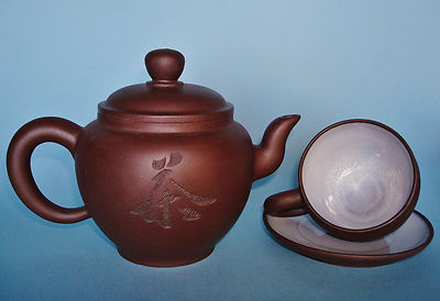 Old Chinese Yixing Teapot, 2 Cups & Saucers + Sugar Bowl Terracotta Zisha Marked