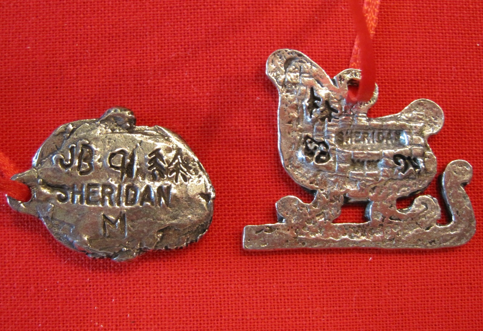 vntg SHERIDAN PEWTER signed; 2 XMAS Tree Ornaments; US 1991; original owner