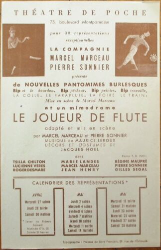 Marcel Marceau 1940s Theatre Poster Flier Ad, Mime Bip the Clown, Pierre Sonnier