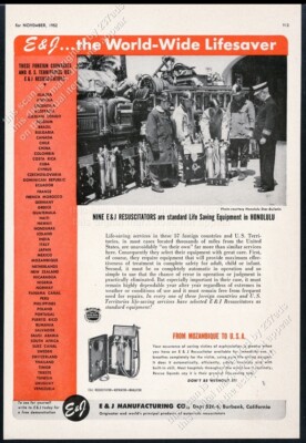 1952 Honolulu fire department firemen truck photo E&J Resuscitator vtg print ad