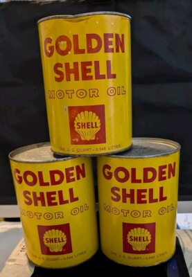 (3) Vintage Metal Tin Golden Shell Motor Oil Unopened Full 1 Qt. Cans SAE 20W