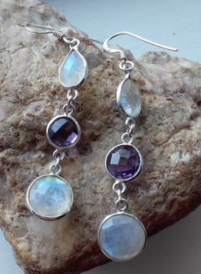 Moonstone & Amethyst REAL 925 Sterling Silver Dangle Pierced Earrings - 4.3g