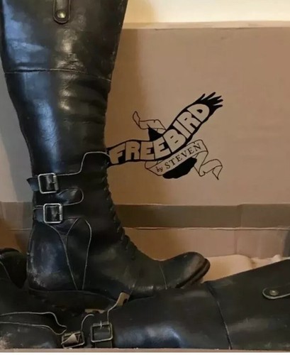 Pre-owned Freebird By Steven Saddle Black Distressed Riding Tall Boots Sz 6