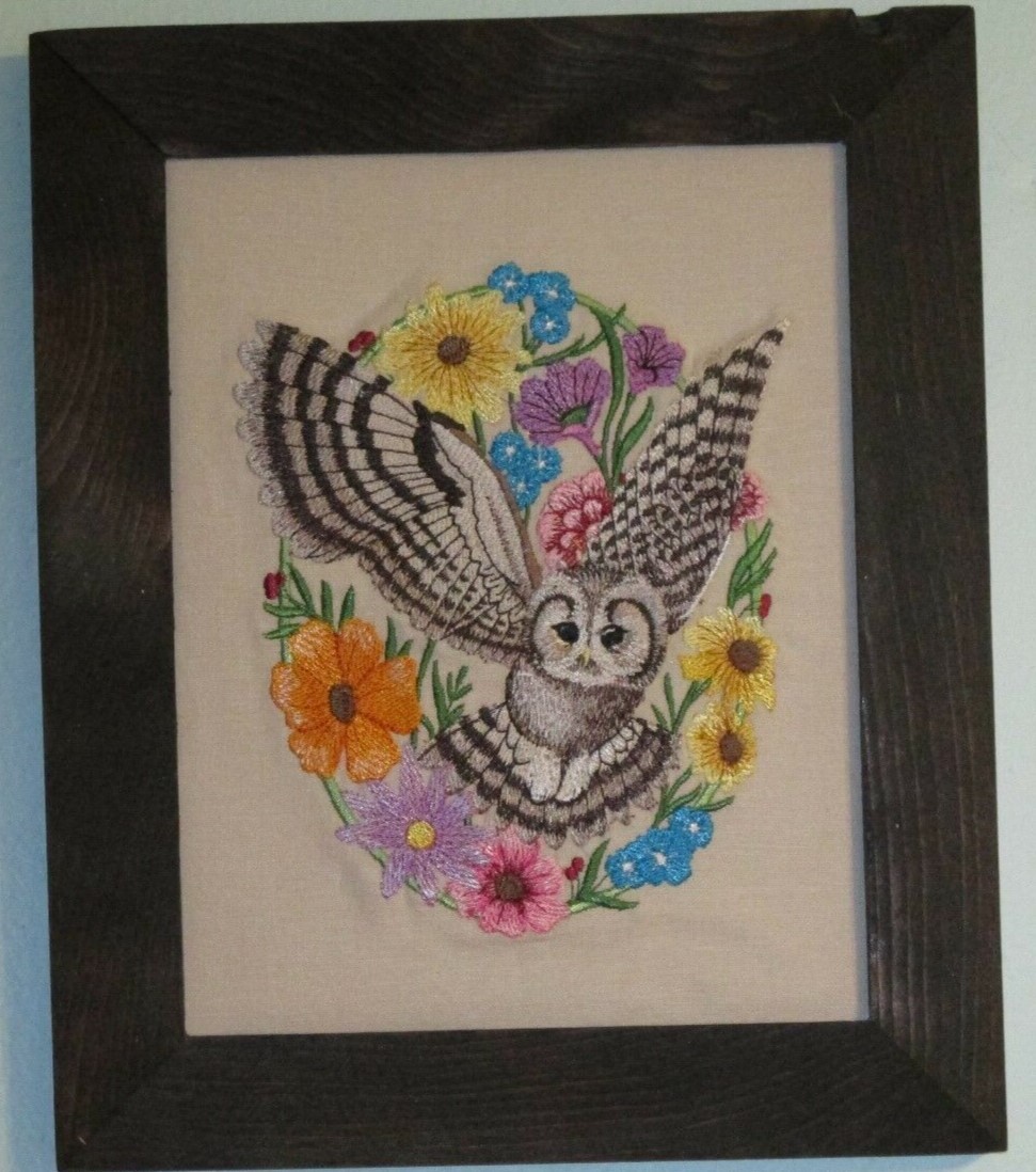 Framed Woodland Whimsey Owl in Floral Oval Machine Embroidery in Barn Wood Frame