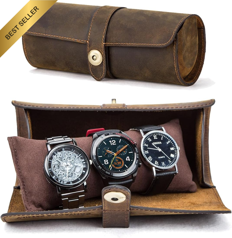 Crazy Horse Leather Travel Watch Case Roll for 3 Watch Organizer Vintage Watches
