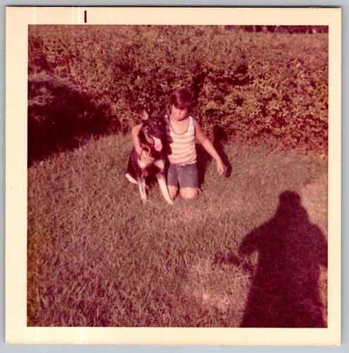Vtg Color Snapshot Boy Kneeling German Shepherd Dog Striped Tank Top Lawn 1970s