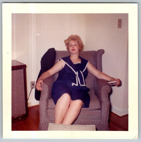 Vtg Color Snapshot Woman Sailor Collar Blue Dress Sitting Plush Armchair Chair