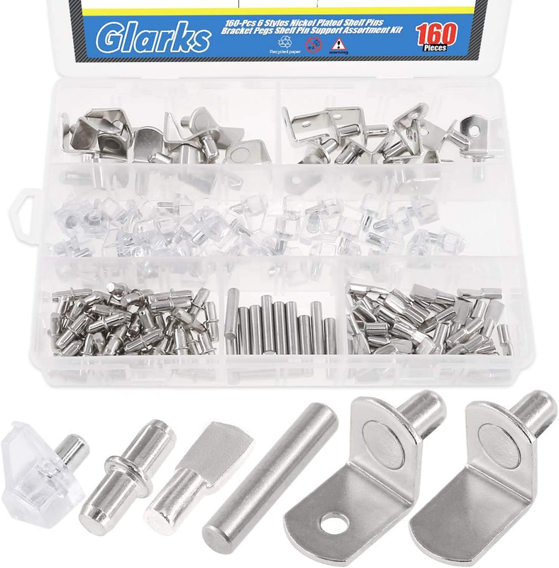 160Pcs 6 Styles Shelf Pins Kit, Nickel Shelf Support Pegs, PVC Shelf Pins, Flat