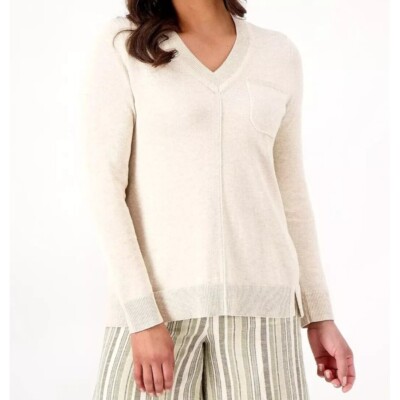 Isaac Mizrahi Live V Neck Sweater with Chest Pocket Women 2X Heather Oatmeal NEW