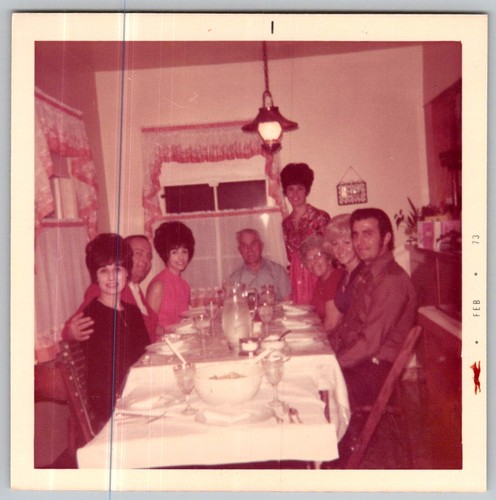 Vtg Color Snapshot Family Dinner Table Gathering Women Bouffant Hair 1973 Feb