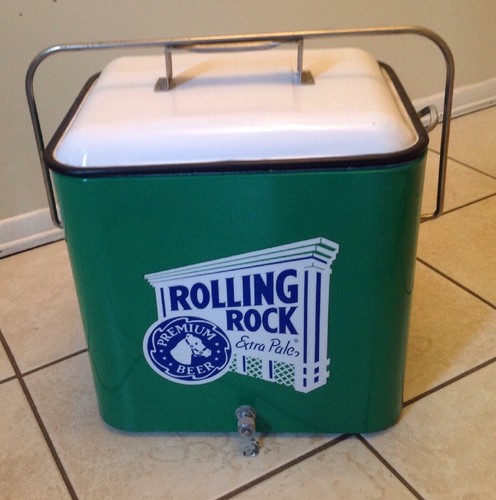 Vintage 1950's Steel Rolling Rock Beer Cooler Ice Chest W/Bottle Opener On Side!