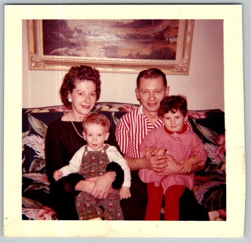 Vtg Color Snapshot Family Portrait Sofa Couch Red White Striped Shirt 1960s