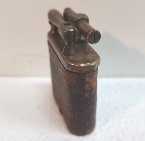 Antique Brass & Leather Wrapped Lift Arm Pocket Lighter w/ Blank Monogram Plate