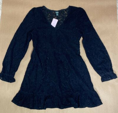 Women's Long Sleeve Brushed black Lace Skater Dress size Medium Wild Fable