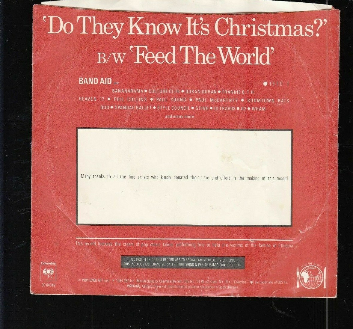 Band Aid Columbia Rec 38 Do You Know Its Christmas Feel Vinyl 45 Ebay