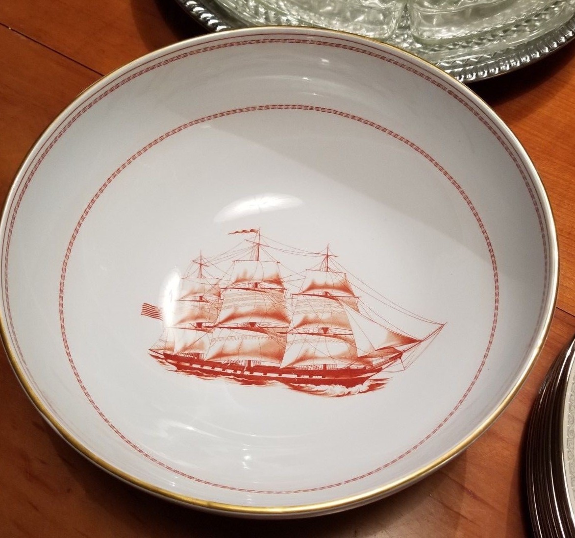 Spode Trade Winds RED Large round serving salad bowl ship sailing fine china