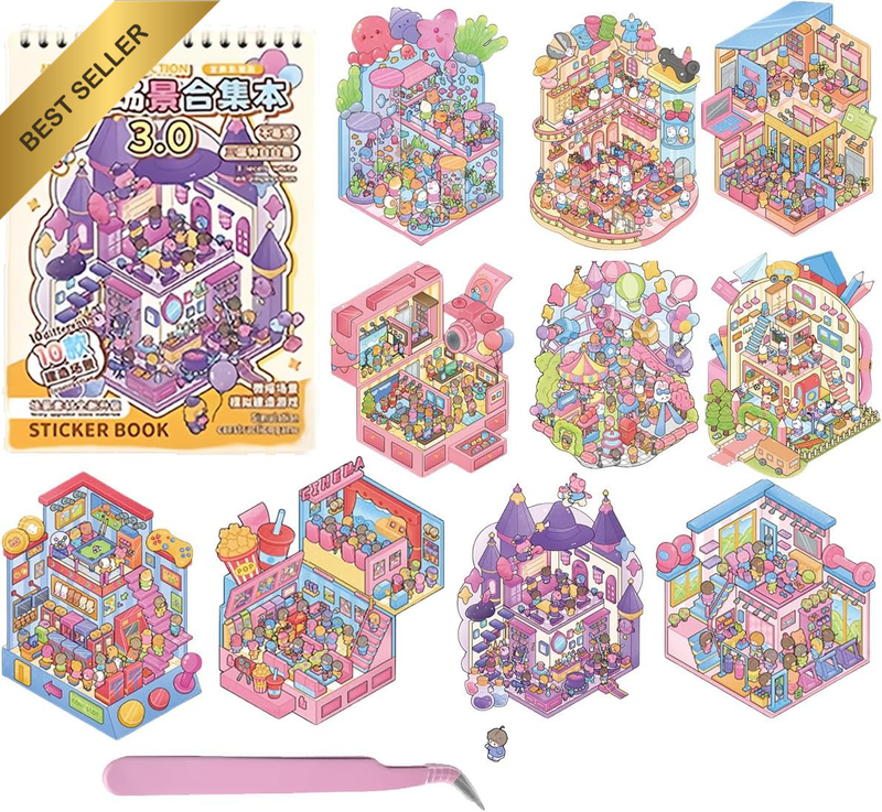 10 Sets DIY 3D Sticker Scene Collection Book 3D House Stickers Therapy for Adult